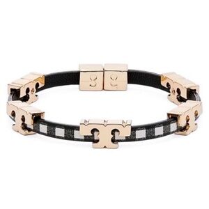 Tory Burch gold single Ts Wrap Plaid leather slide in bracelet